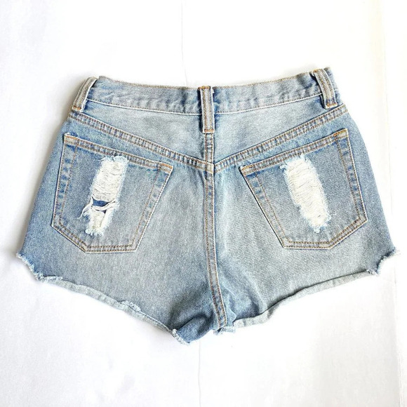 MinkPink High Waist Distressed Denim‎ Jean Shorts, Button-Fly, Size Medium - Picture 8 of 9